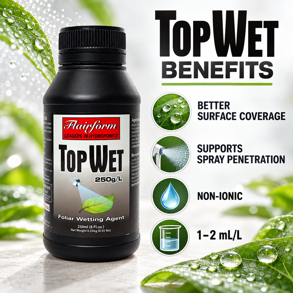 AI-created Flairform TopWet benefits infographic showing coverage, spray penetration, non-ionic formula and dosage.