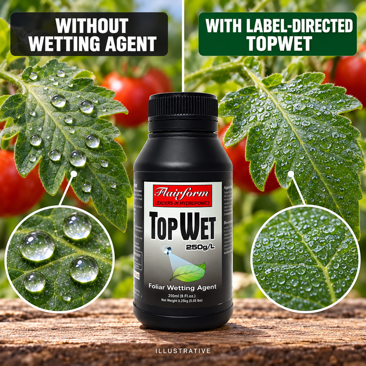 AI-created illustrative comparison of spray droplet coverage without and with label-directed Flairform TopWet.