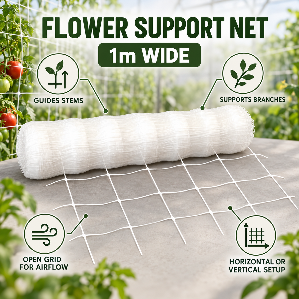 Benefits and features of Flower Support Net 1m Wide: guides stems, supports branches, keeps an open airflow path, and installs horizontally or vertically.