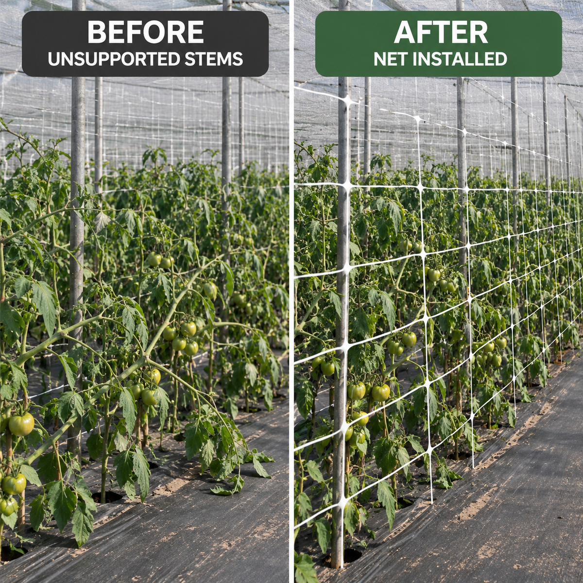Before-and-after installation comparison of unsupported tomato stems and the same greenhouse row with Flower Support Net 1m Wide installed.
