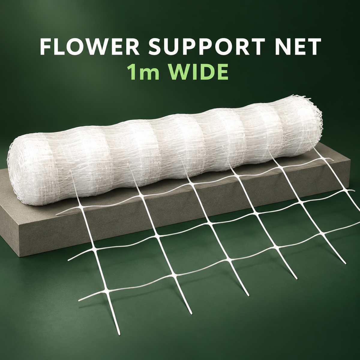 Premium three-quarter render of the white Flower Support Net 1m Wide roll with a large-grid section unrolled on a dark green background.