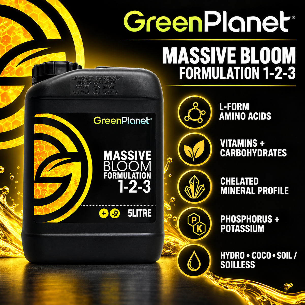 GREEN PLANET MASSIVE BLOOM features infographic showing amino acids, vitamins, carbohydrates, chelated minerals, phosphorus, potassium and growing-media compatibility.