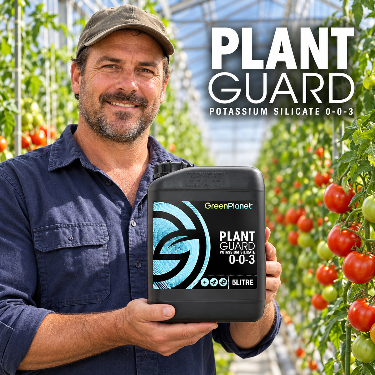 Adult Australian tomato greenhouse grower presenting a closed black 5L jug of GREEN PLANET PLANT GUARD.