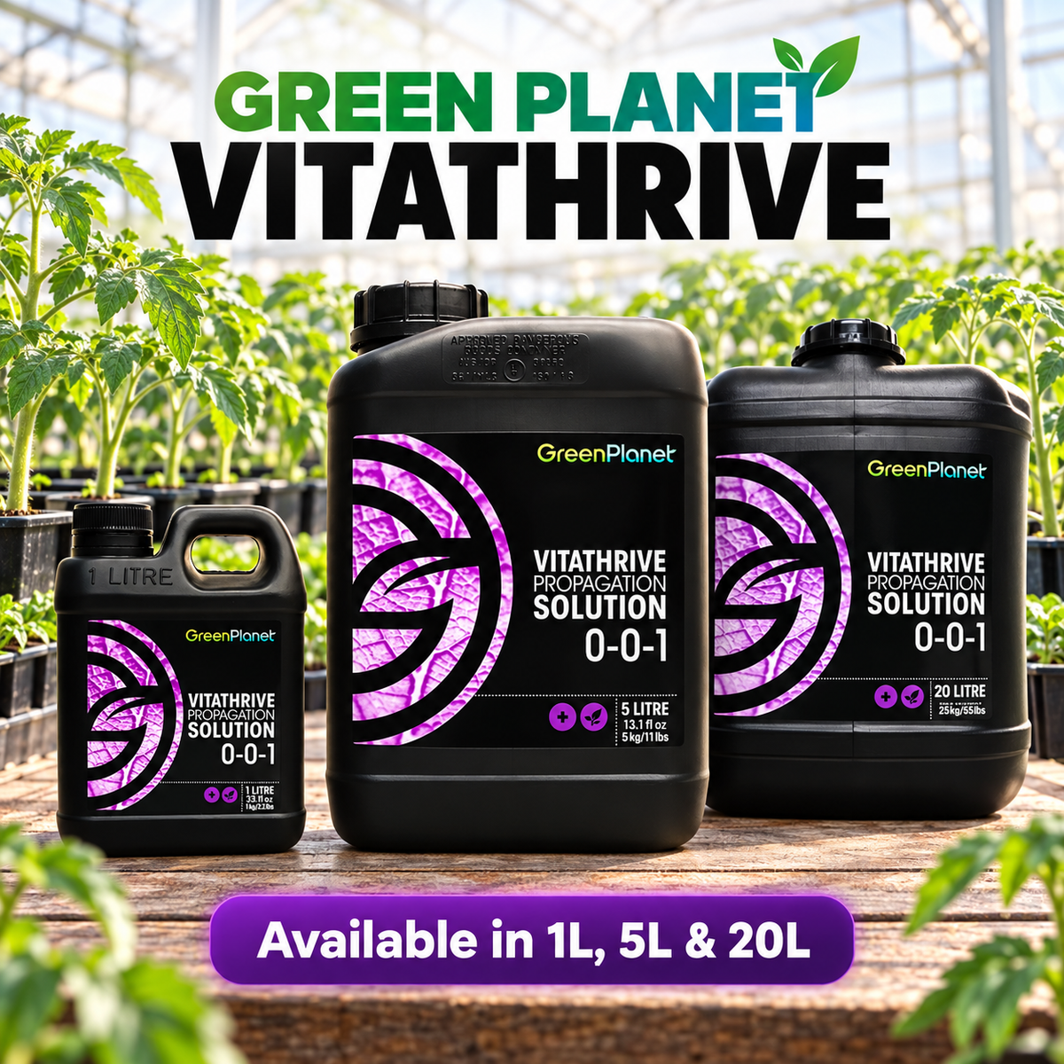 General advertisement for GREEN PLANET VITATHRIVE showing black 1L, 5L and 20L containers in a young tomato greenhouse.