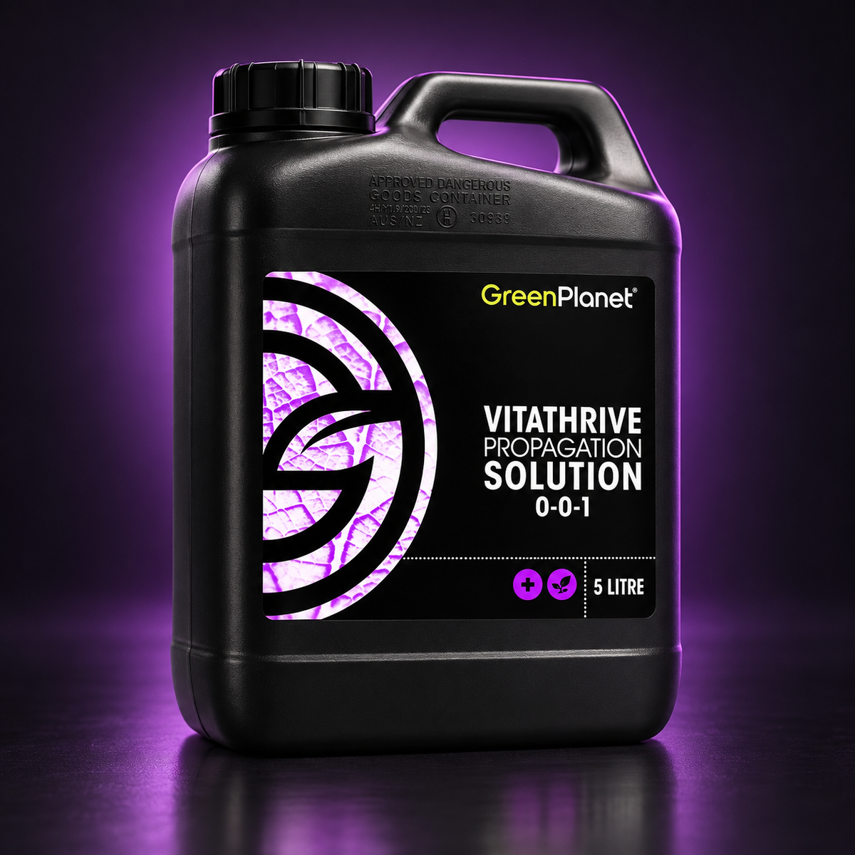 Premium three-quarter render of the black GREEN PLANET VITATHRIVE 5L jug with purple 0-0-1 label on a dark studio background.