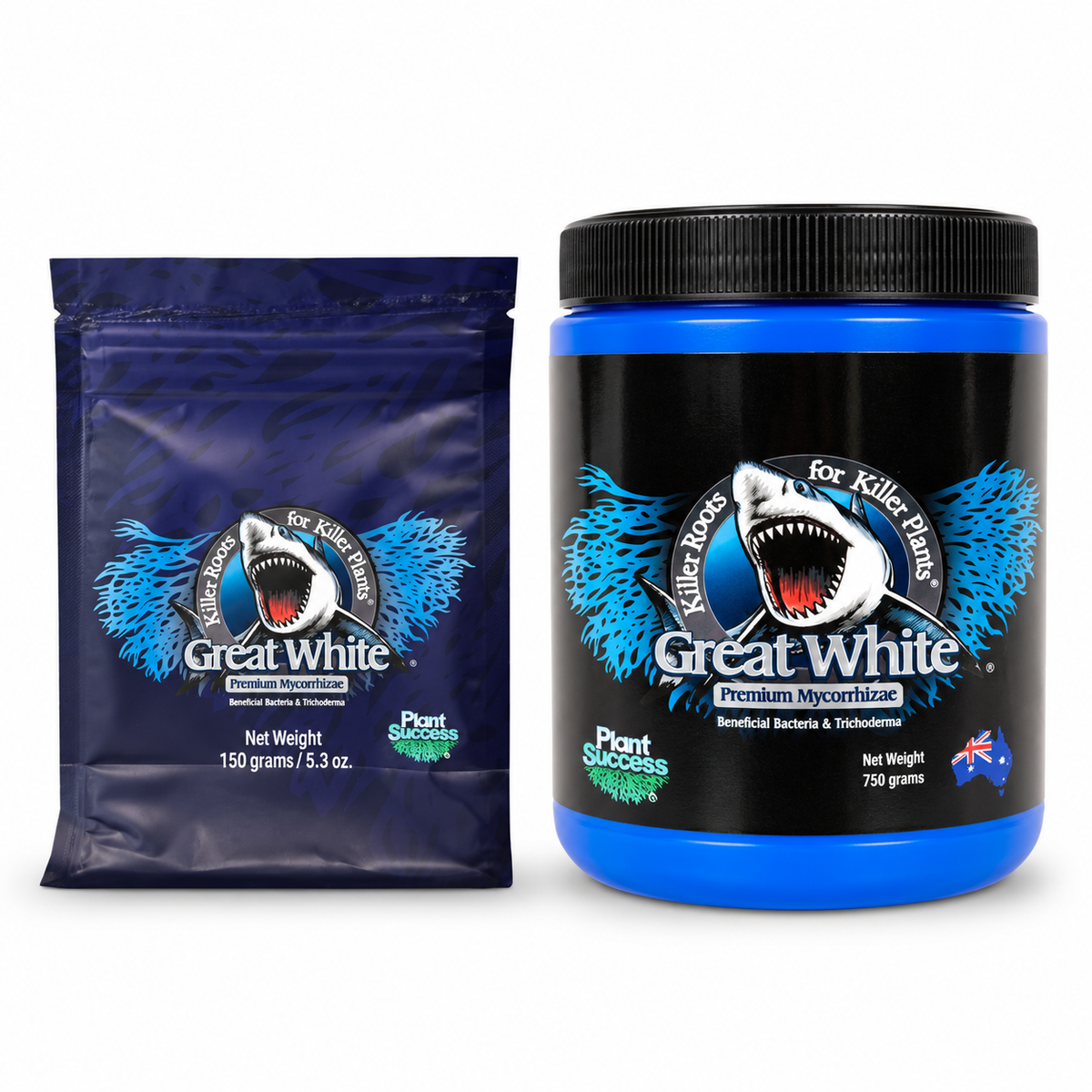 AI-created clean product render of Great White Mycorrhizae 150G pouch and 750G jar on a white background.