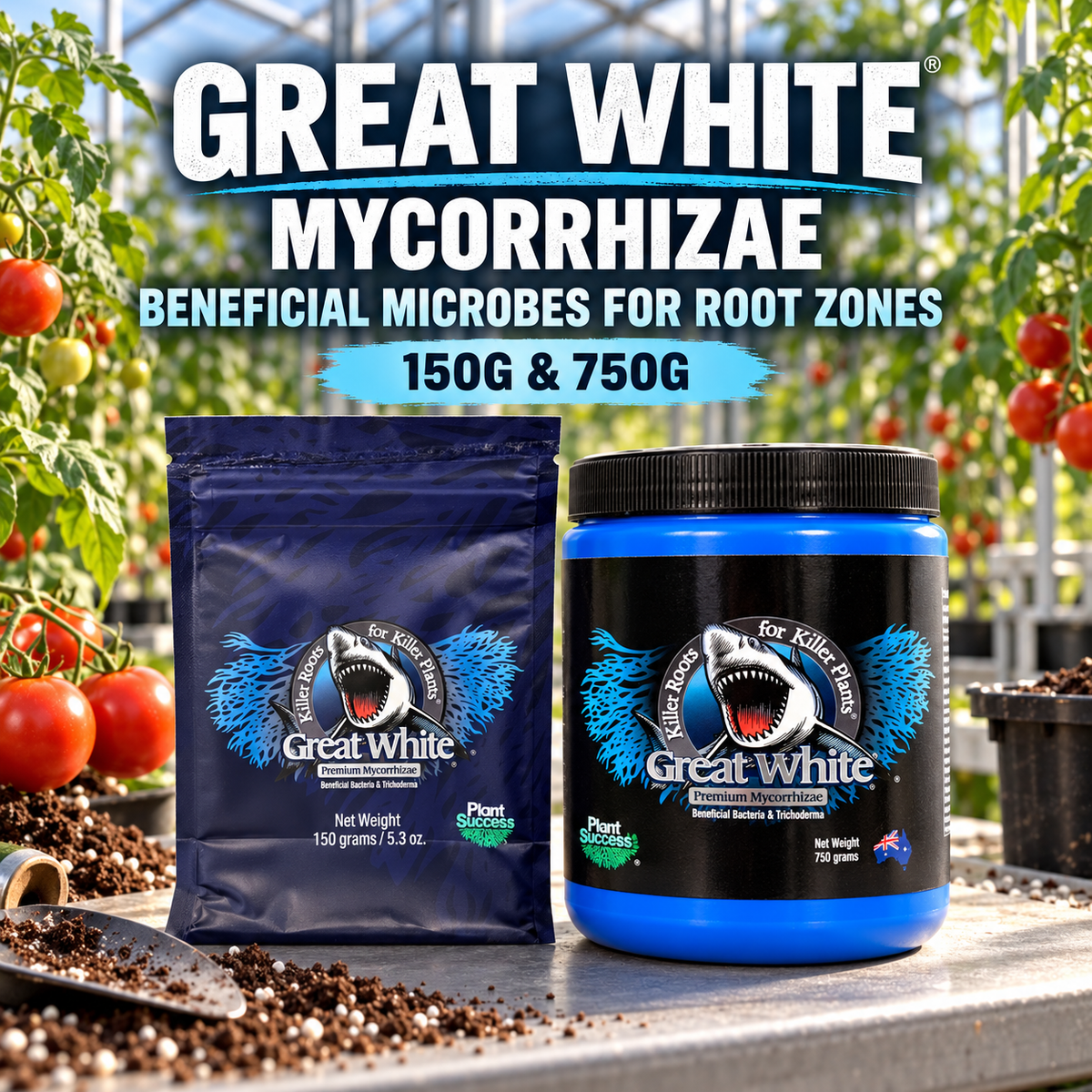 General advertisement for Great White Mycorrhizae showing the 150G pouch and 750G jar in a tomato greenhouse.