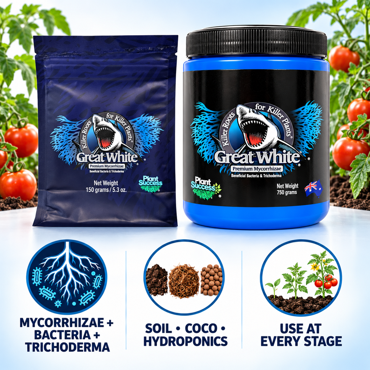 Great White Mycorrhizae features infographic showing beneficial microbes, growing-media compatibility and use across plant stages.