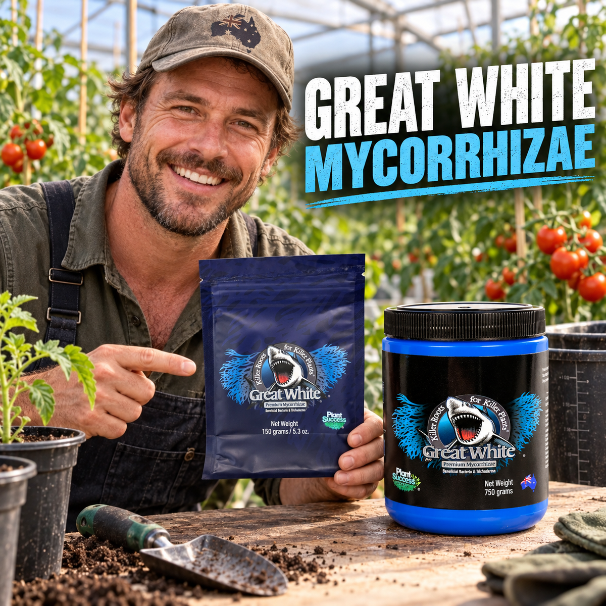Adult Australian tomato grower presenting the Great White Mycorrhizae 150G pouch beside the 750G jar.
