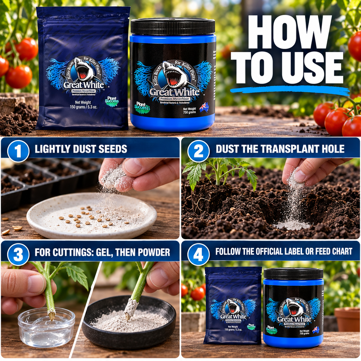 Four-step Great White Mycorrhizae guide for seeds, transplants, cuttings and following the official label or feed chart.