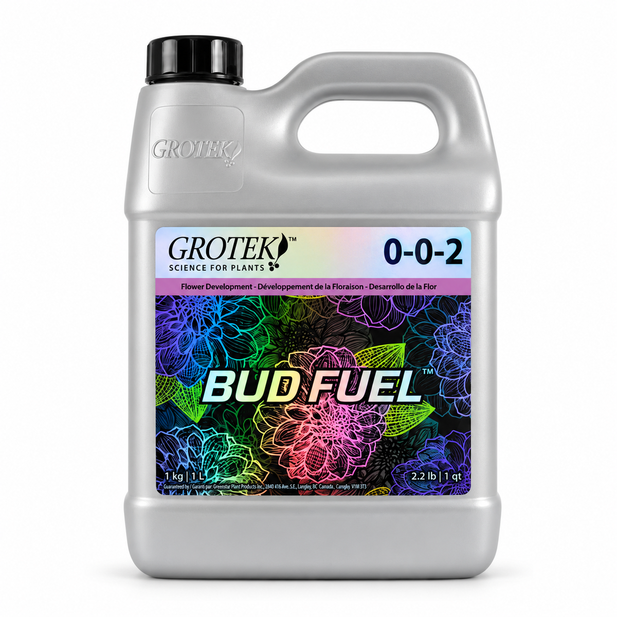 AI-created clean studio render of Grotek Bud Fuel 0-0-2 1L on a white background.