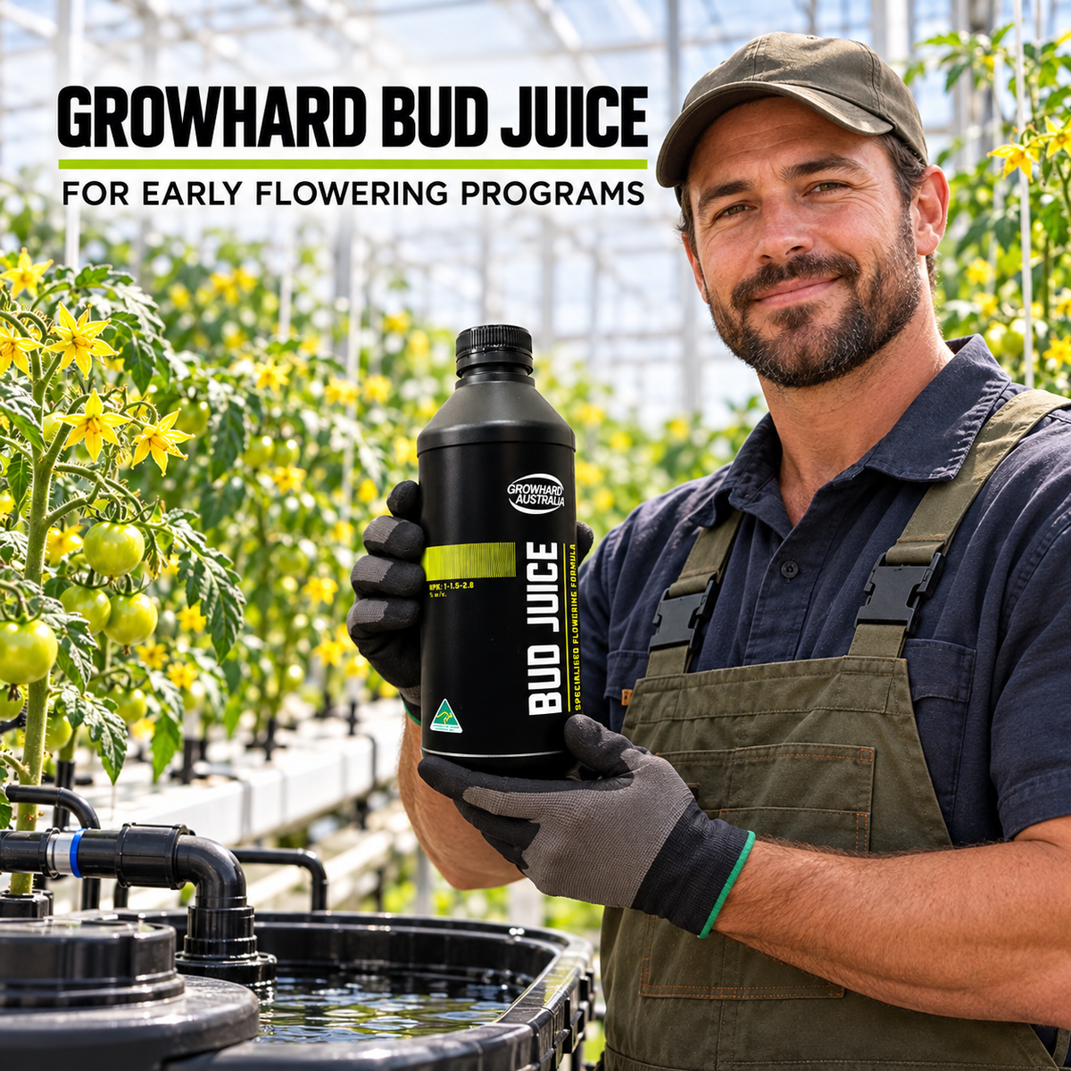 AI-created adult Australian tomato greenhouse grower holding a closed Growhard Bud Juice 1L bottle beside a hydroponic reservoir.