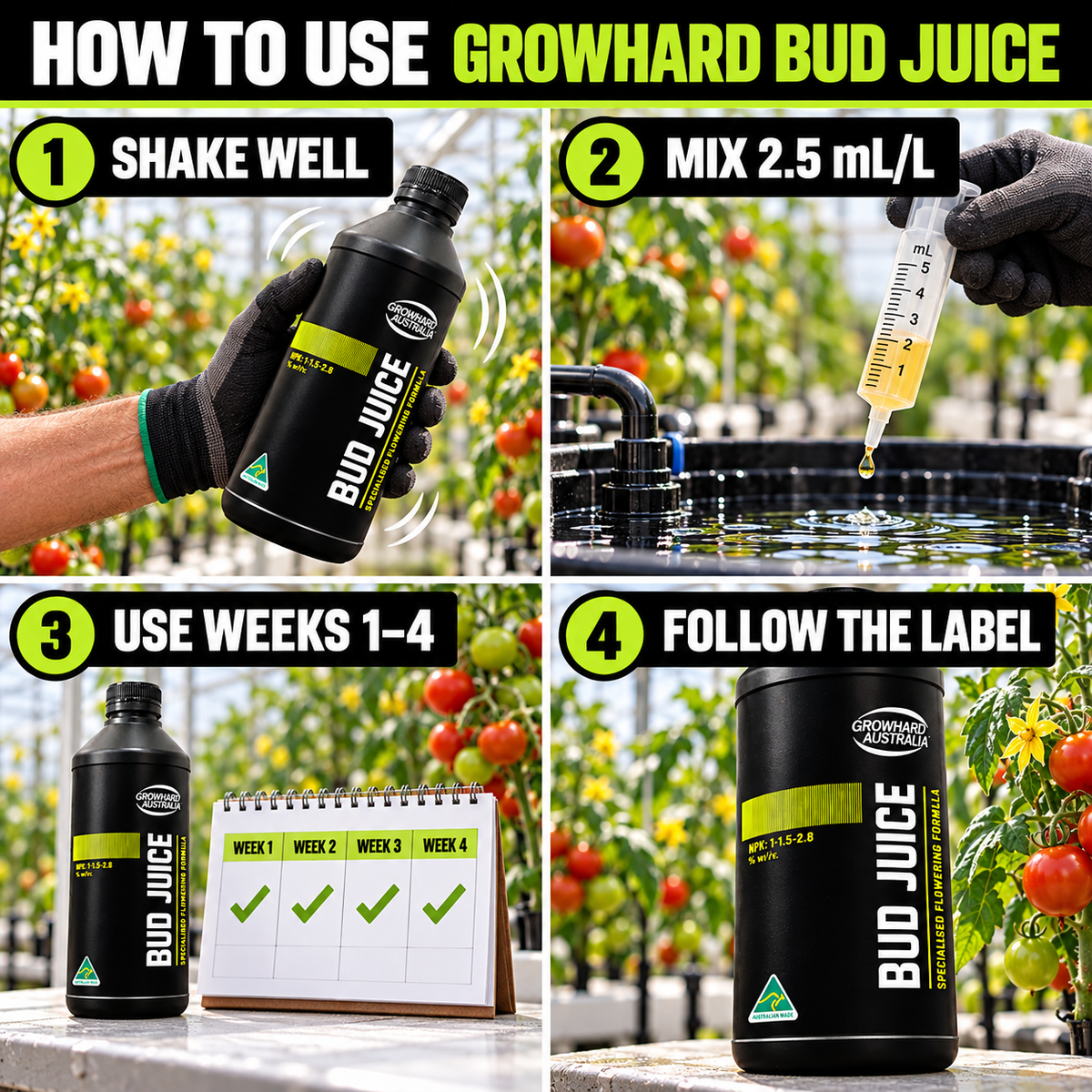 AI-created four-step Growhard Bud Juice guide: shake well, mix 2.5 mL/L, use during weeks 1–4 and follow the label.