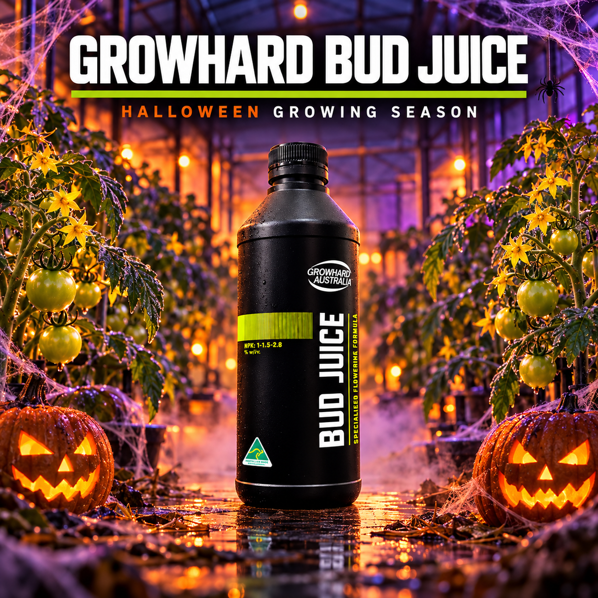 AI-created Halloween hero featuring Growhard Bud Juice 1L with orange-purple greenhouse lighting, pumpkins, cobwebs and tomato plants.