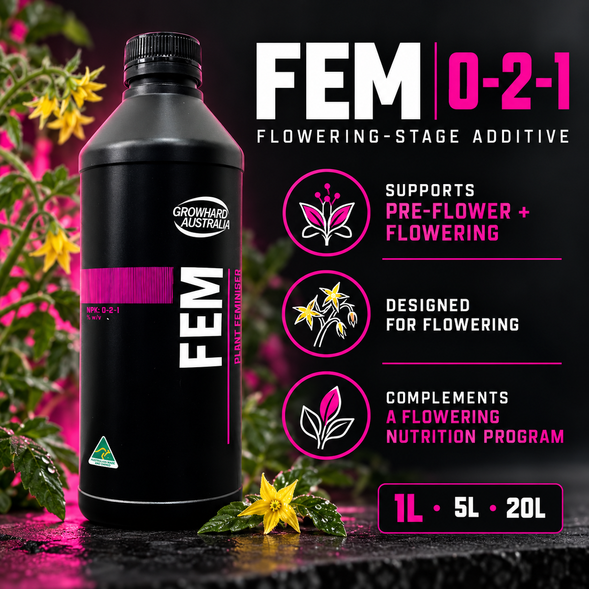Growhard FEM 0-2-1 benefits infographic identifying pre-flower and flowering use and the available 1L, 5L and 20L sizes.