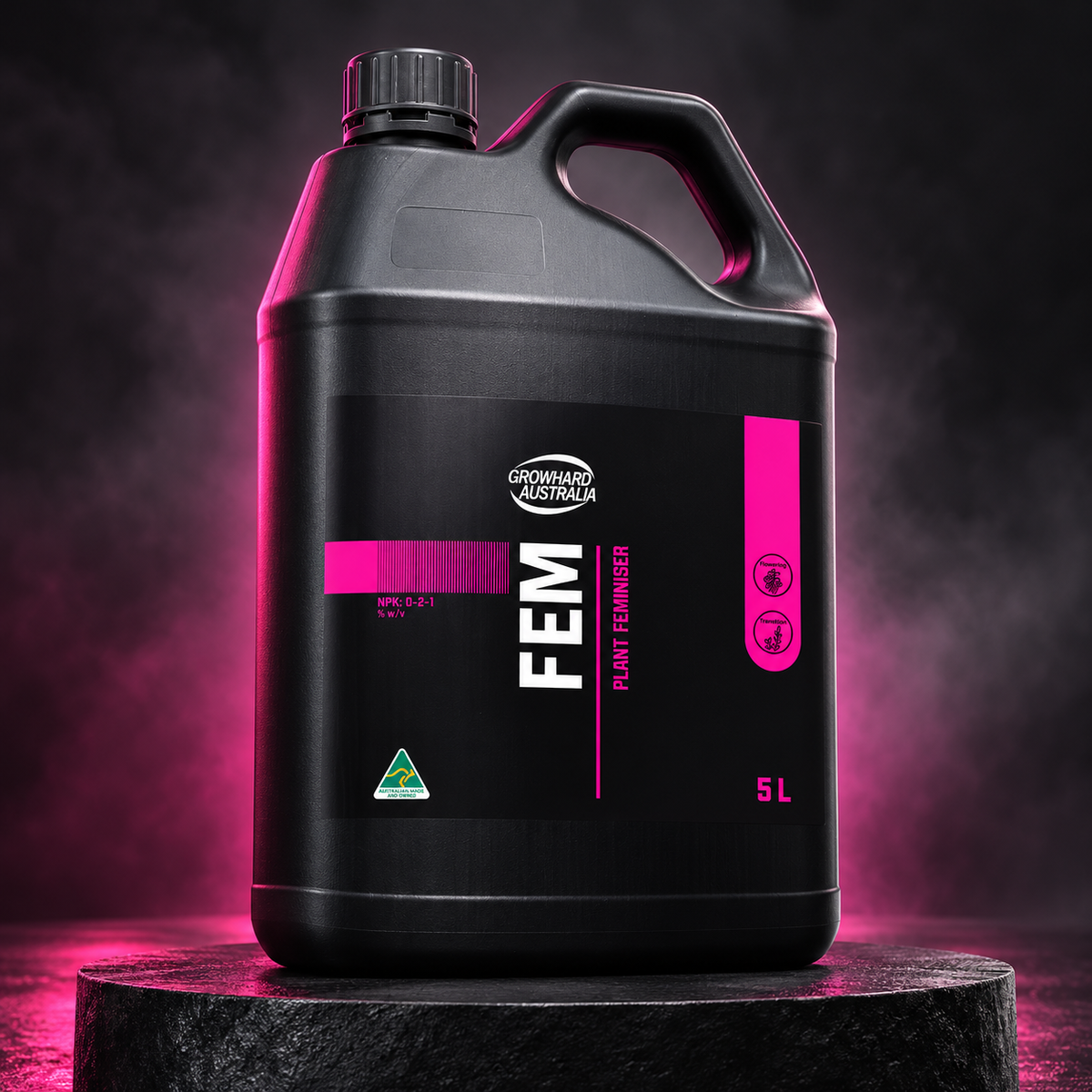 Premium studio render of the black and hot-pink Growhard FEM 0-2-1 5L jug on a dark charcoal pedestal.