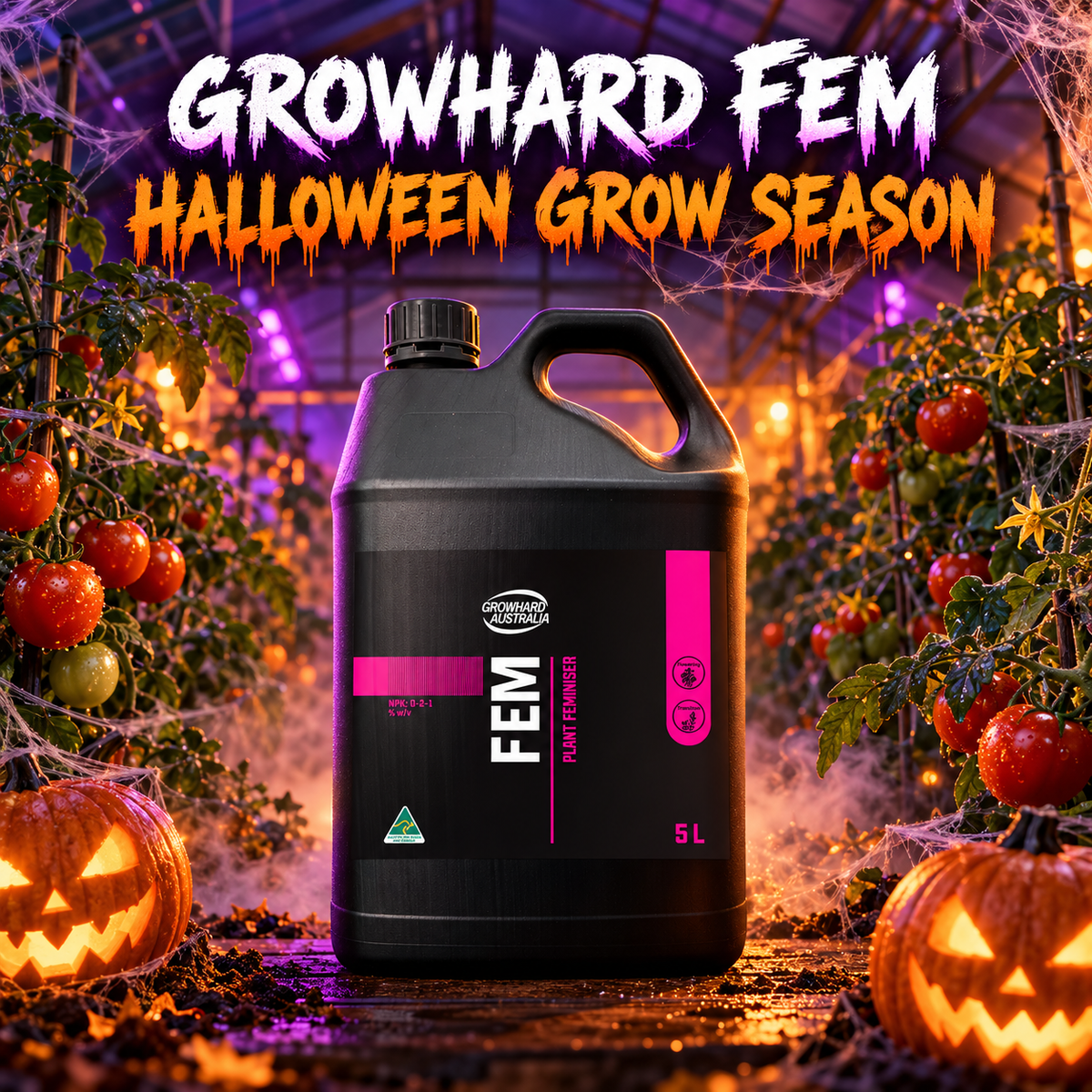 AI-created Halloween hero featuring Growhard FEM 0-2-1 5L with orange-purple greenhouse lighting, pumpkins, cobwebs and tomato plants.