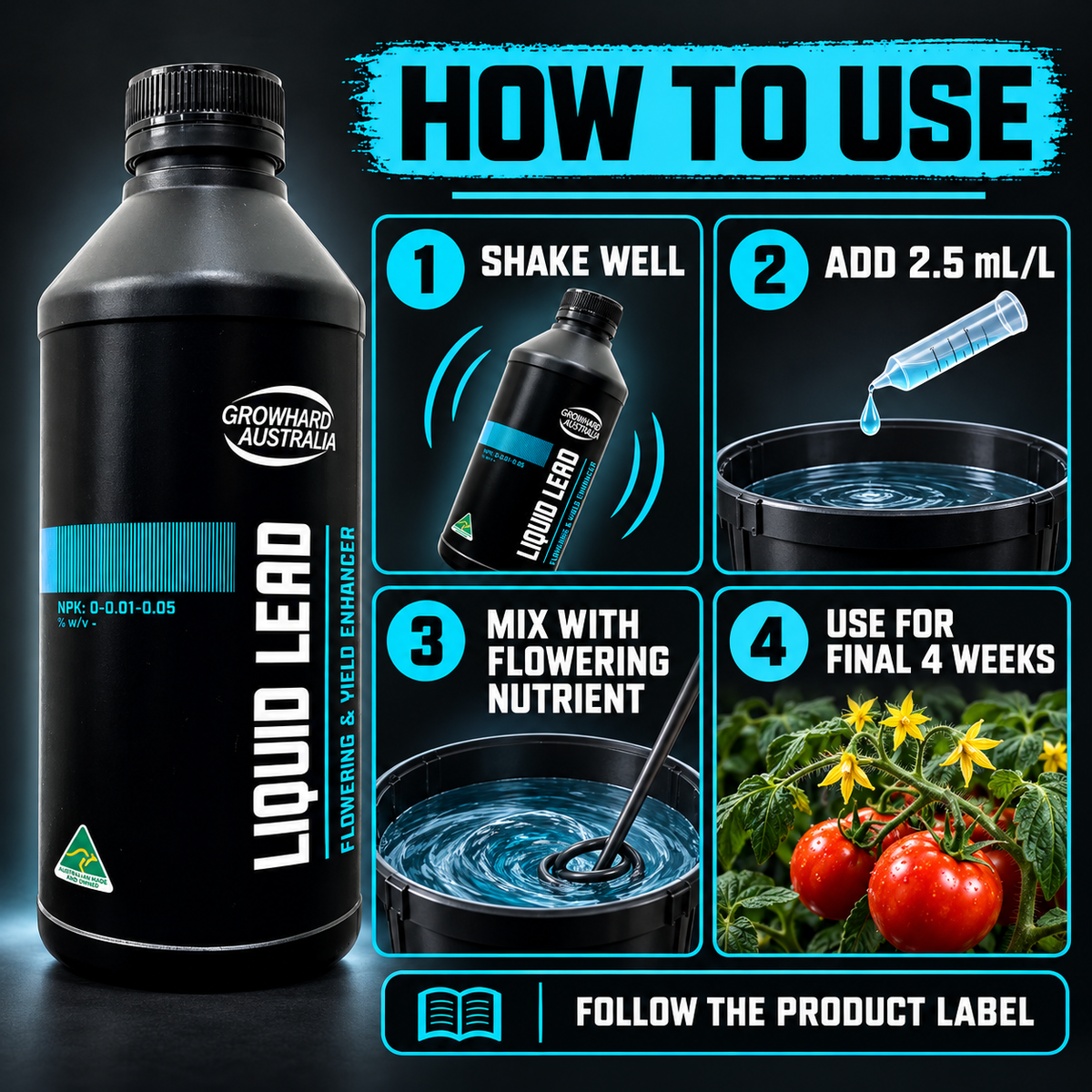 AI-created Growhard Liquid Lead how-to-use guide for shaking, mixing 2.5 mL/L and following the product label