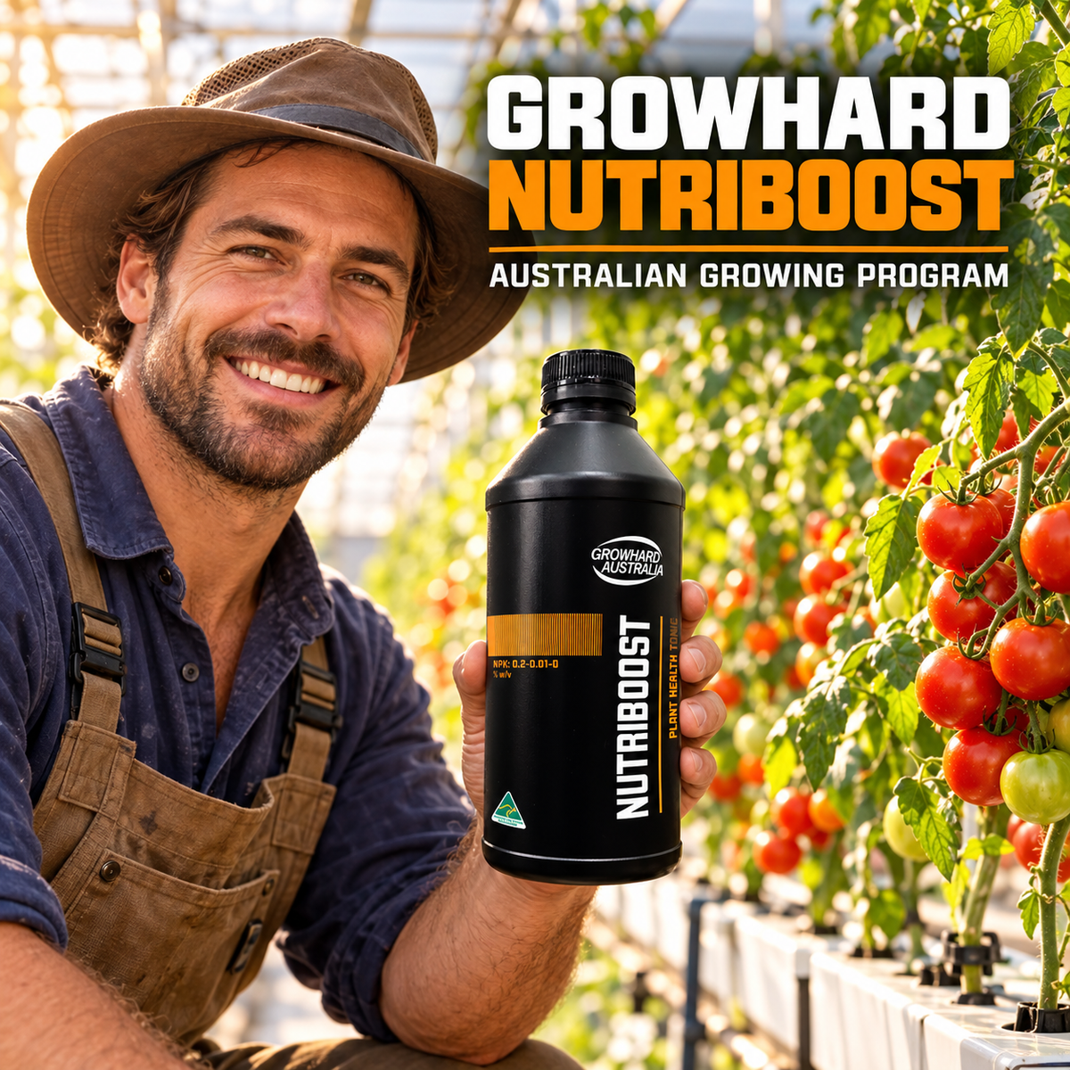 AI-created Growhard Nutriboost Australian growing program graphic with accurate product packaging.