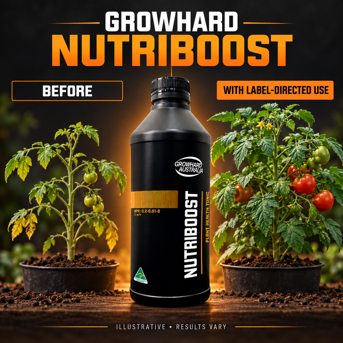 AI-created illustrative before-and-after tomato plant graphic for Growhard Nutriboost; results vary.