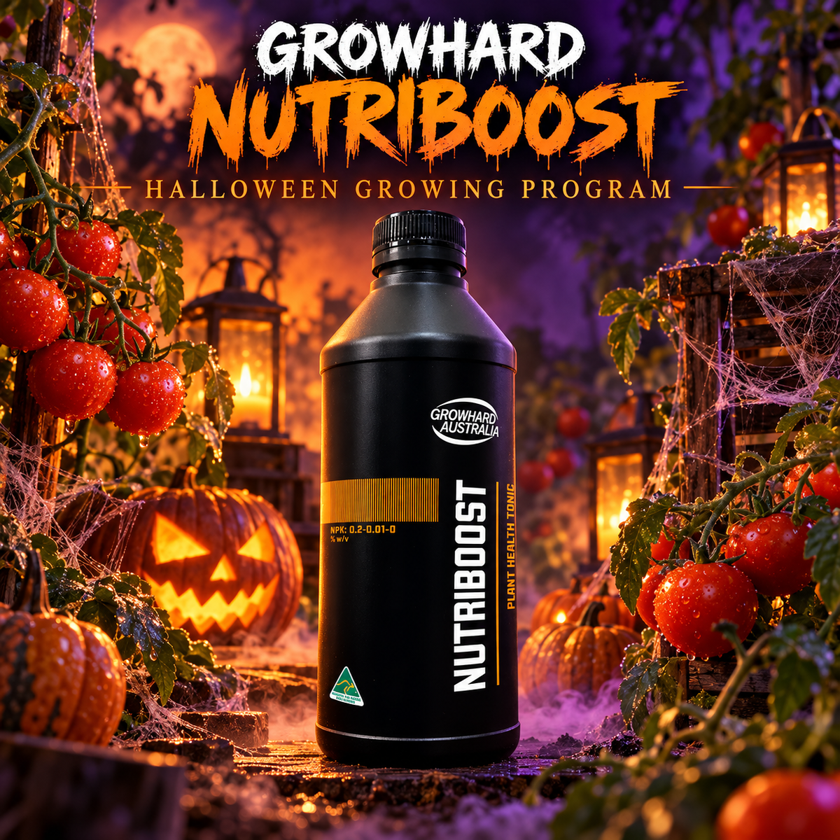 AI-created Halloween hero featuring Growhard Nutriboost with pumpkins, cobwebs and tomato plants.