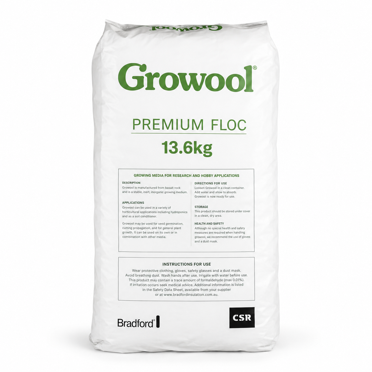 AI-created clean studio render of the Growool Premium Floc 13.6kg 110L bag on a white background.
