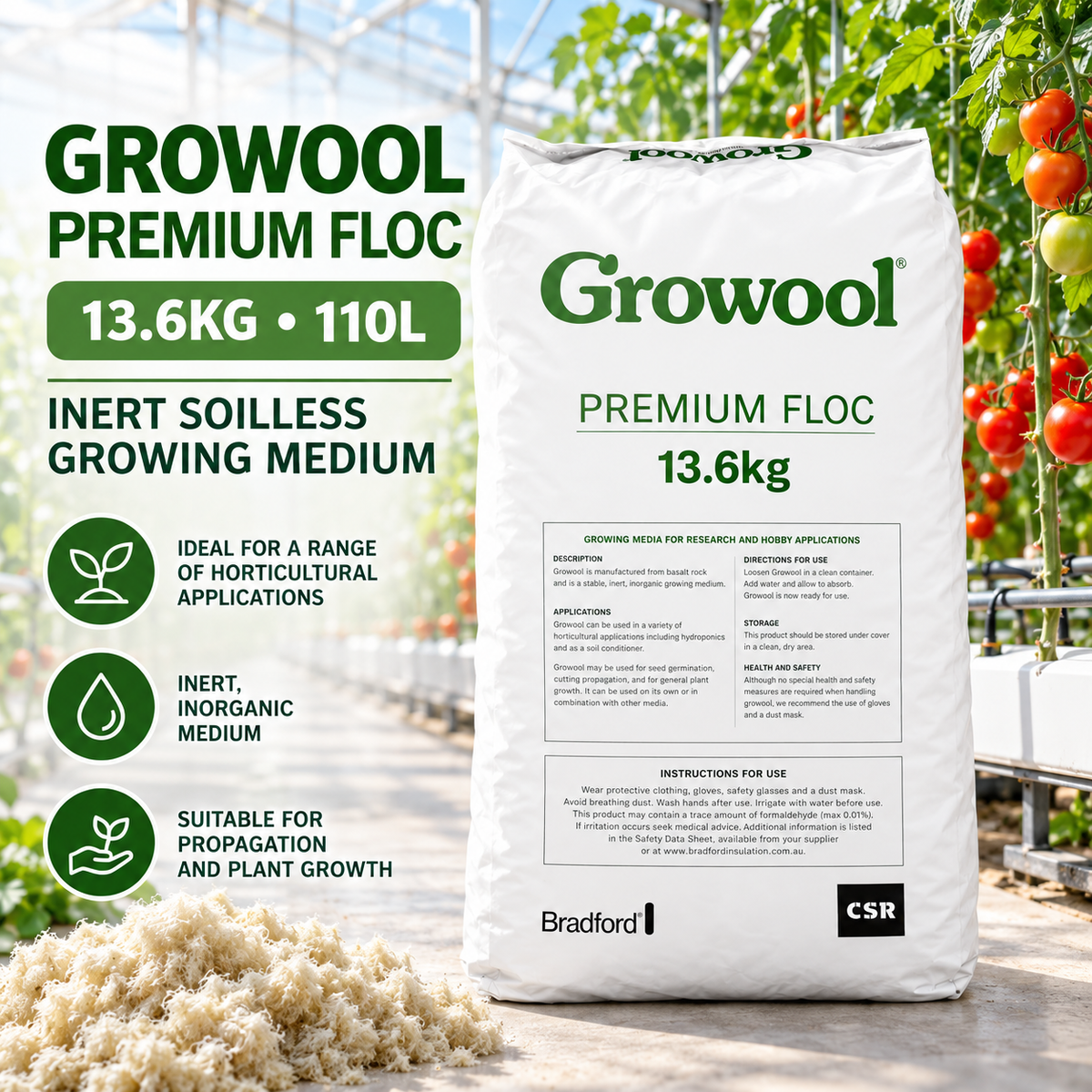 AI-created Growool Premium Floc advertisement showing the 13.6kg 110L bag in a tomato greenhouse as an inert soilless growing medium.