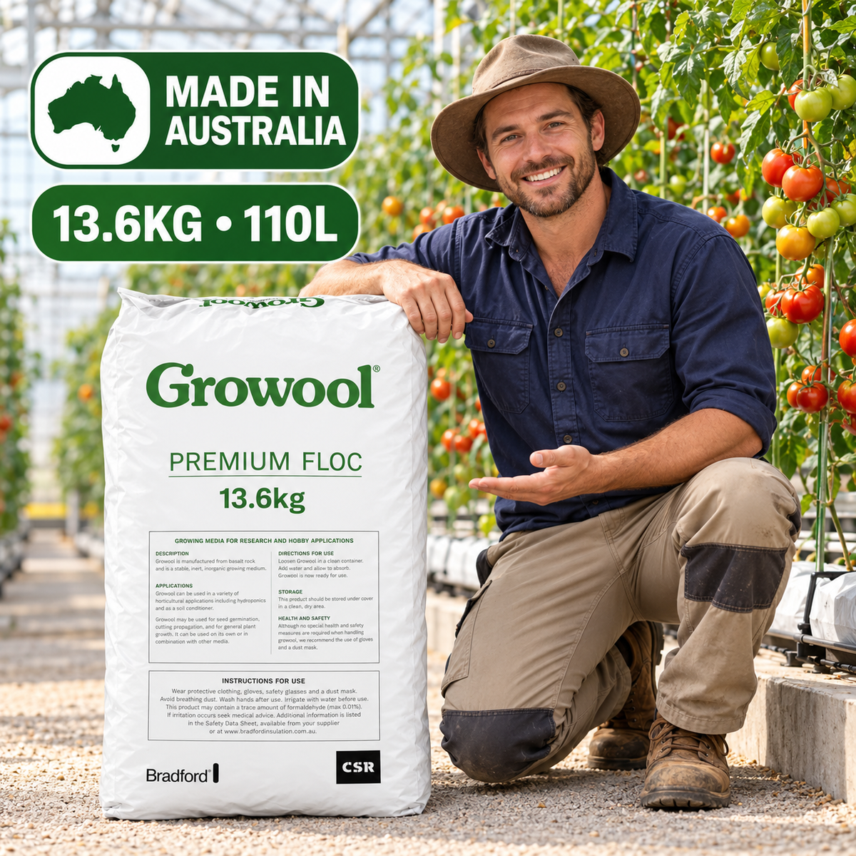 AI-created Australian greenhouse grower presenting the Growool Premium Floc 13.6kg 110L bag beside tomato plants.