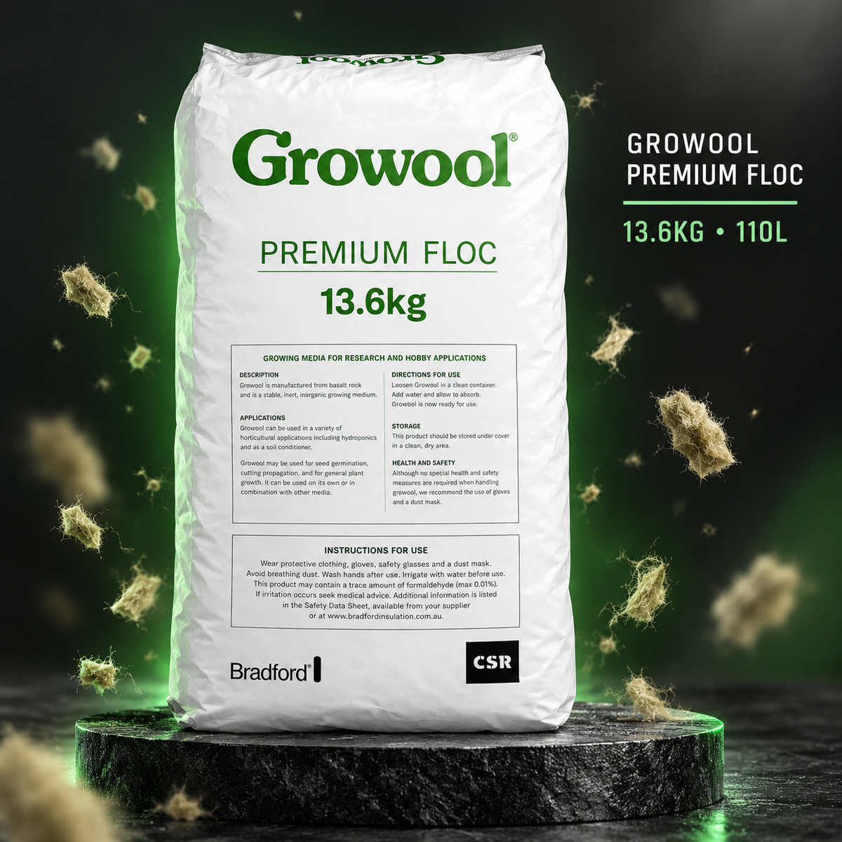 AI-created premium three-dimensional studio render of the Growool Premium Floc 13.6kg 110L bag.