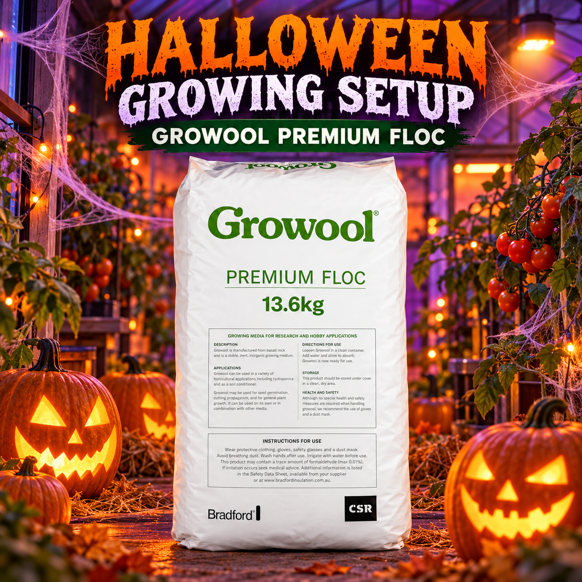 AI-created Halloween hero featuring the Growool Premium Floc 13.6kg 110L bag with orange-purple greenhouse lighting, pumpkins and tomato plants.