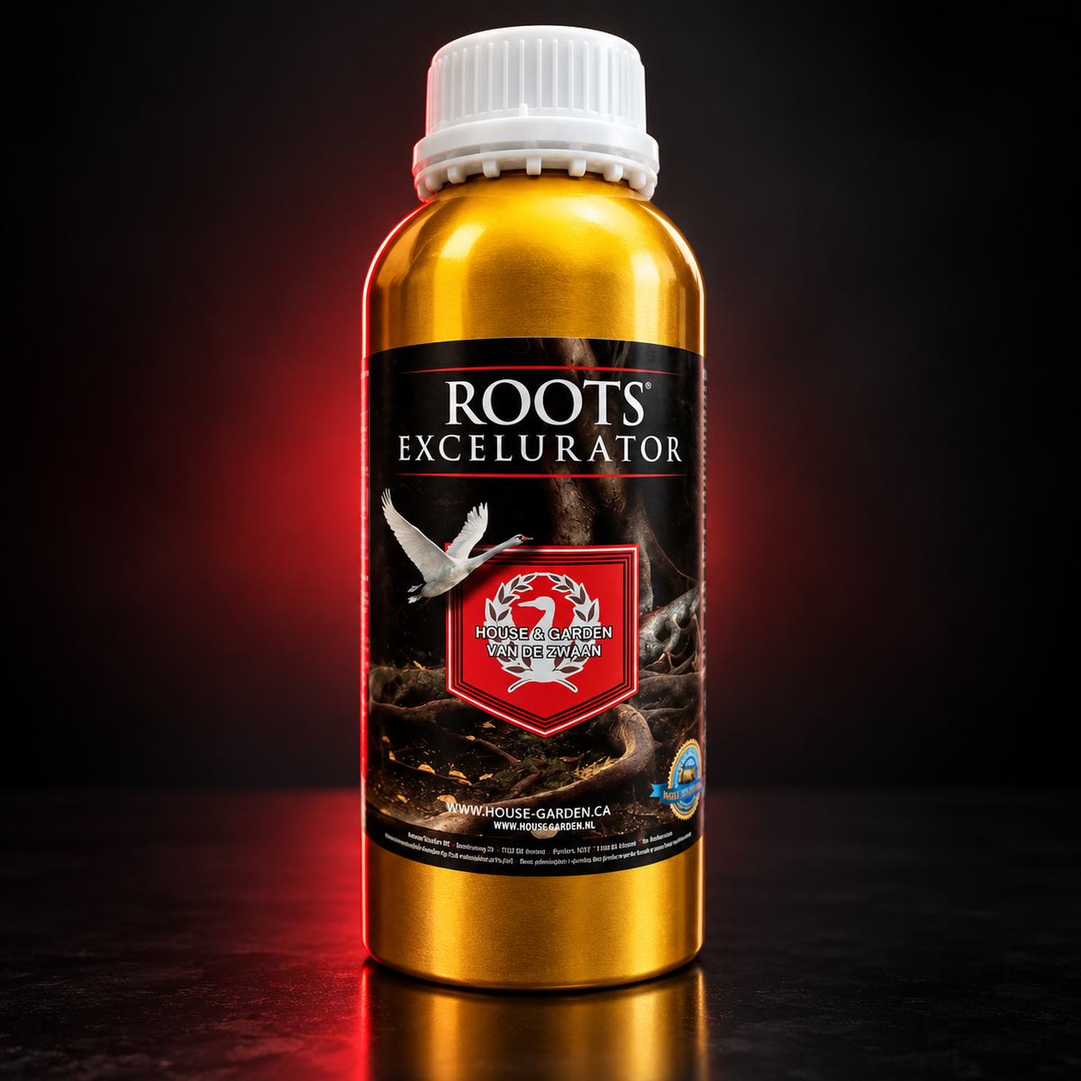 Premium studio render of a closed House & Garden Roots Excelurator 250mL amber bottle with black label and red crest.