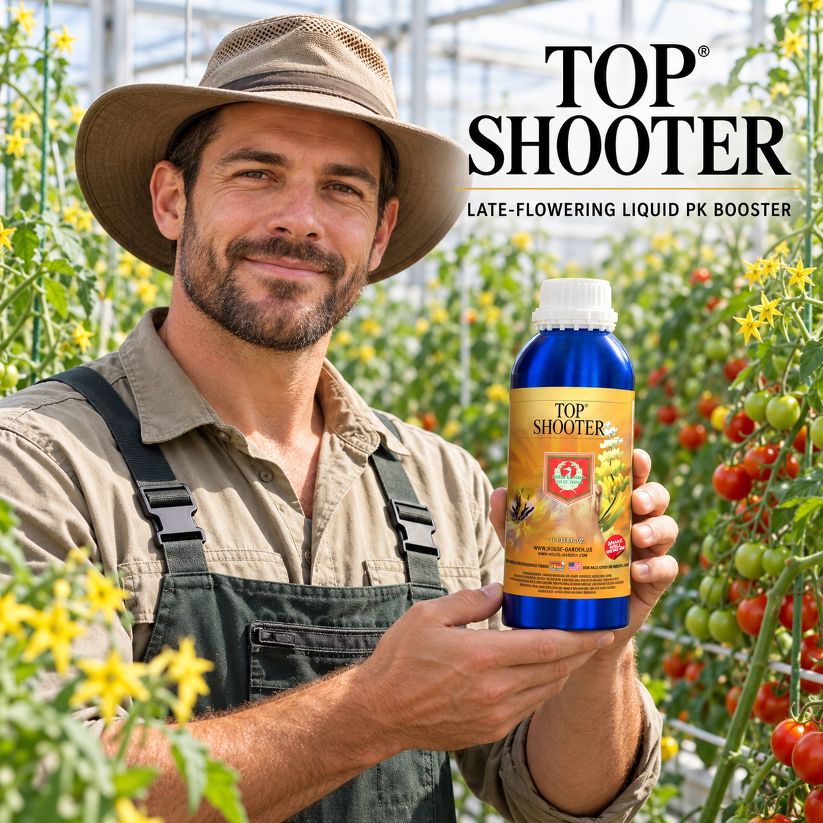 Adult Australian tomato greenhouse grower presenting a closed 1L bottle of HOUSE & GARDEN TOP SHOOTER.