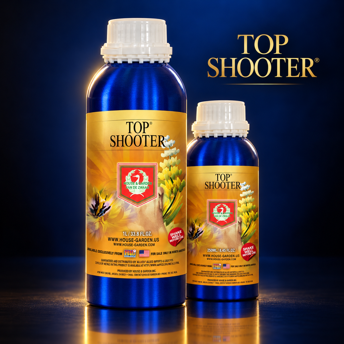 Premium studio render of HOUSE & GARDEN TOP SHOOTER 1L and 250mL cobalt-blue bottles with gold labels.