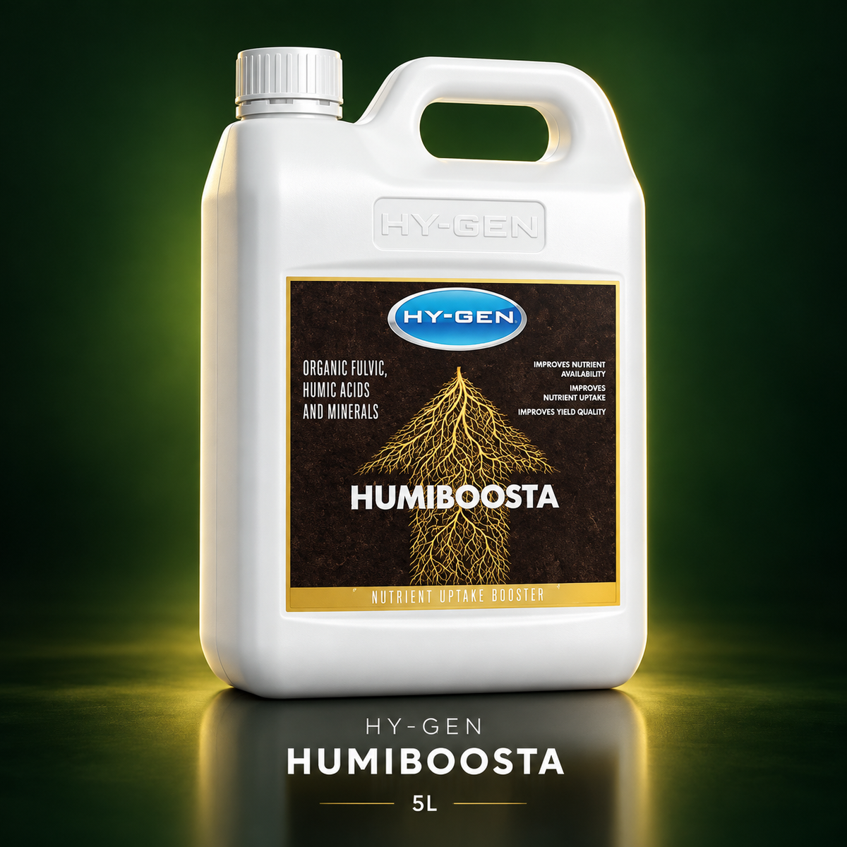 Premium three-quarter 3D render of the white HY-GEN HUMIBOOSTA 5L jug with its dark label and gold root graphic.