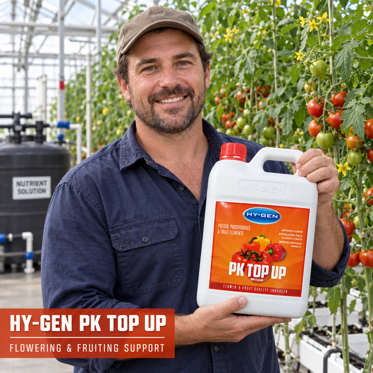 Adult Australian tomato greenhouse grower presenting a closed white 5L jug of HY-GEN PK TOP UP.