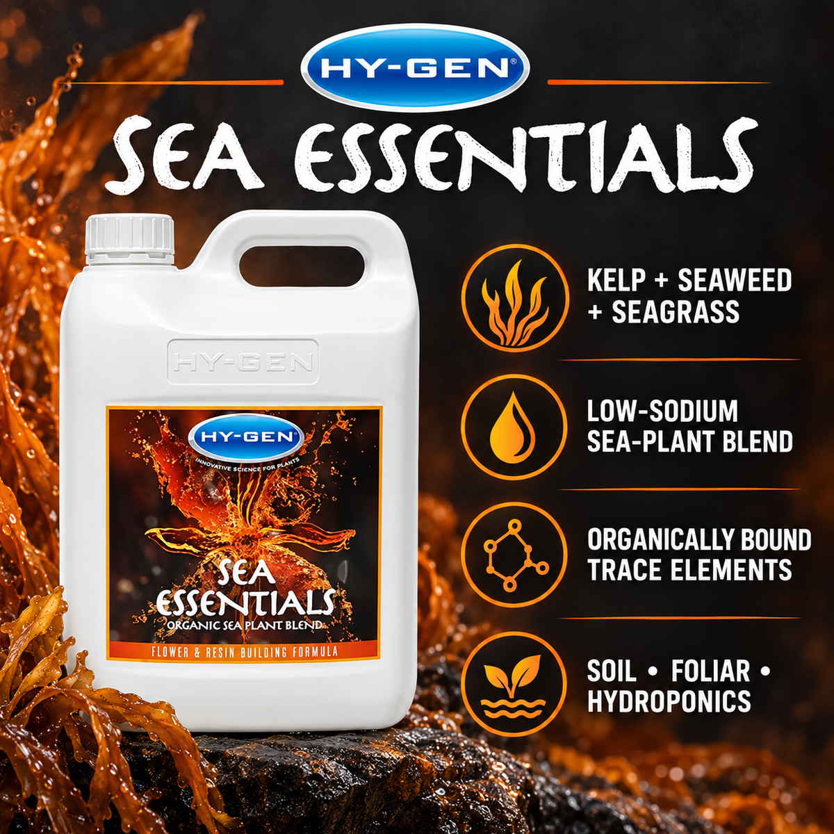 HY-GEN SEA ESSENTIALS benefits and features infographic showing kelp, seaweed, seagrass, trace elements and compatible growing systems.