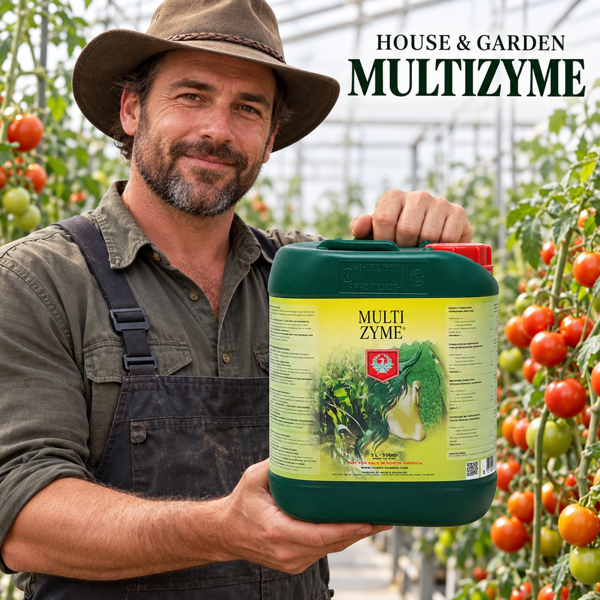 Adult Australian tomato greenhouse grower presenting a closed dark-green 5L jug of House & Garden Multizyme.