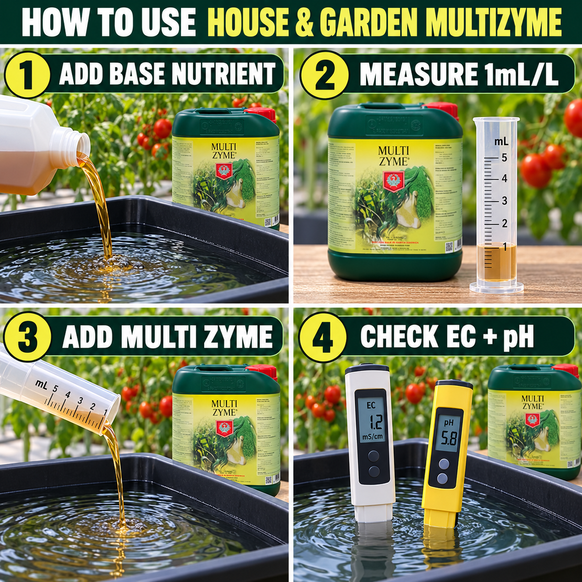 Four-step House & Garden Multizyme guide: add base nutrient, measure 1mL/L, add Multizyme, then check EC and pH.