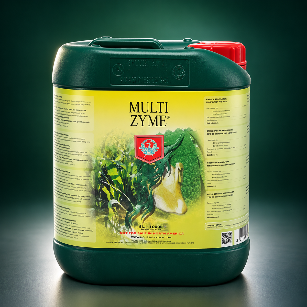 Premium studio render of the dark-green House & Garden Multizyme 5L jug with red cap and pale yellow-green label.