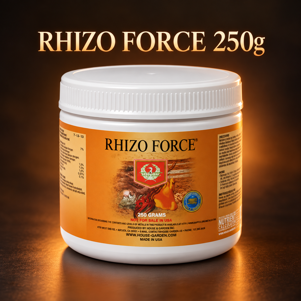 Premium studio render of the white House & Garden Rhizo Force 250g tub with burnt-orange label.