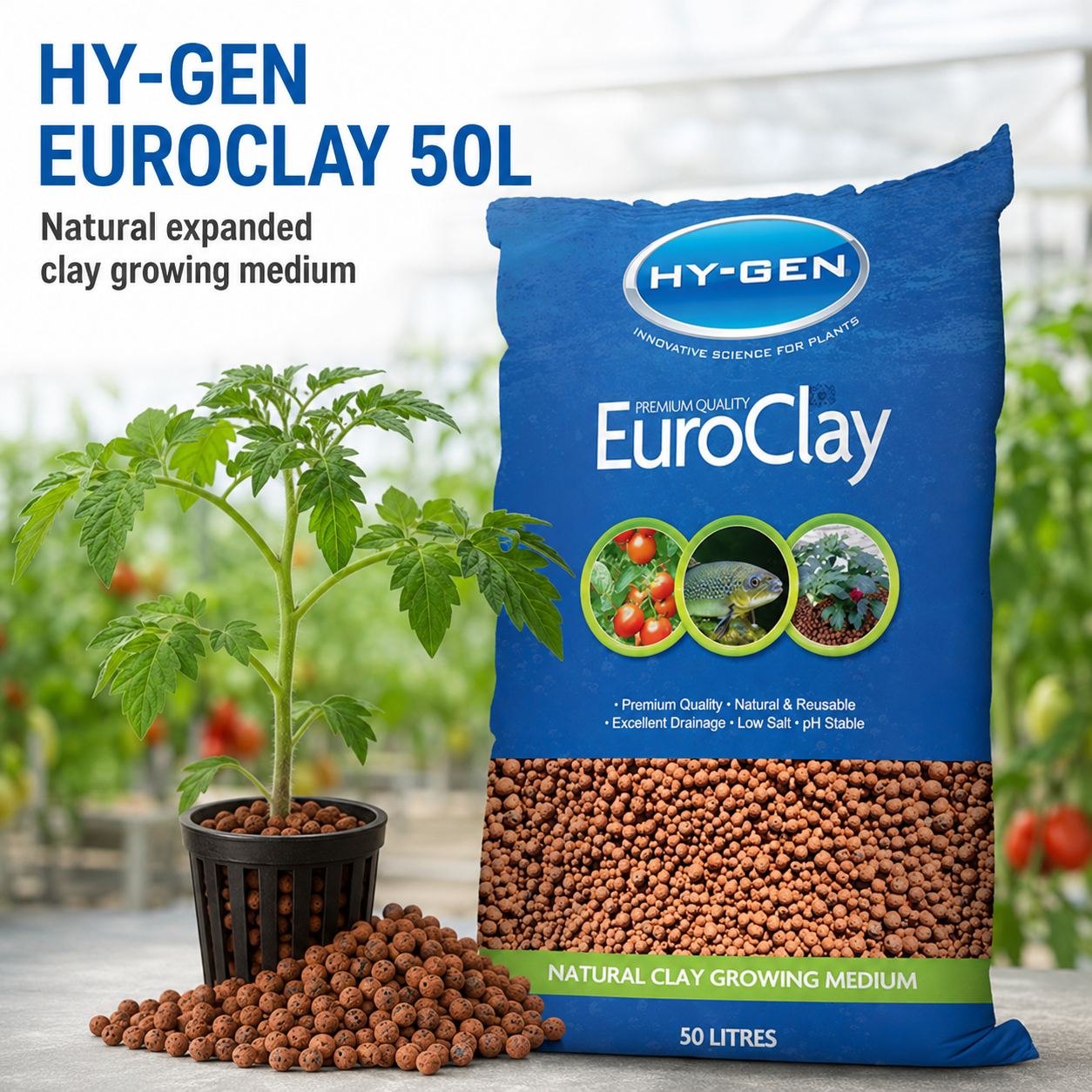 General product advertisement for Hy-Gen Euro Clay 50L Bag with natural expanded clay pebbles and a tomato plant in a hydroponic basket.