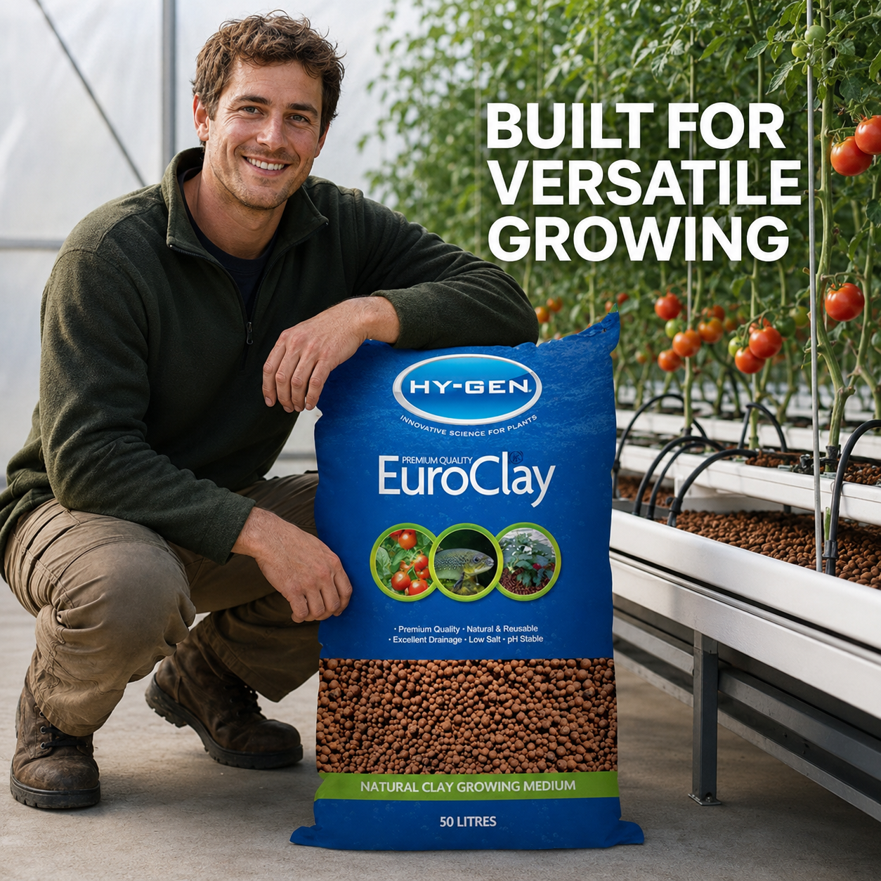 Adult Australian greenhouse grower presenting a Hy-Gen Euro Clay 50L Bag beside a tomato hydroponic system.