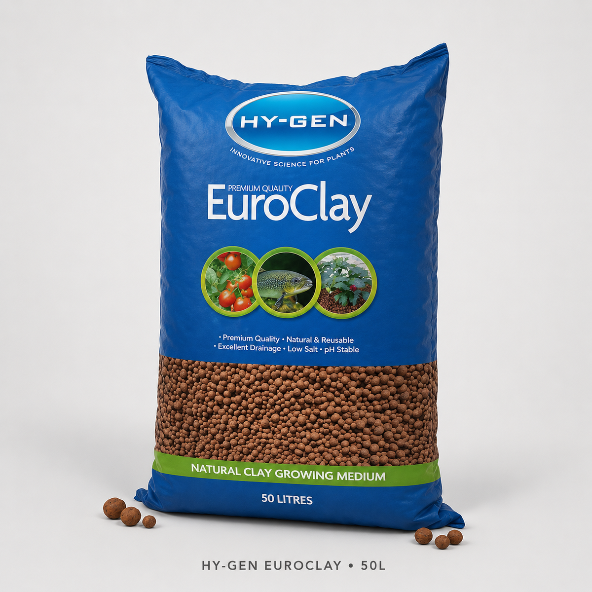 Premium three-quarter 3D render of the blue Hy-Gen Euro Clay natural clay growing medium 50L bag.
