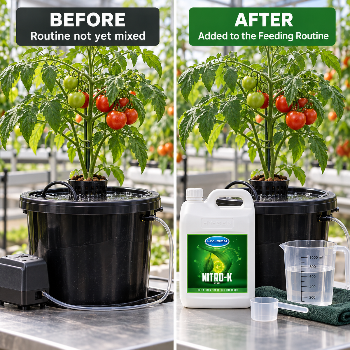 Before-and-after application setup showing the same tomato plant and reservoir before and after HY-GEN Nitro-K is added to the feeding routine.