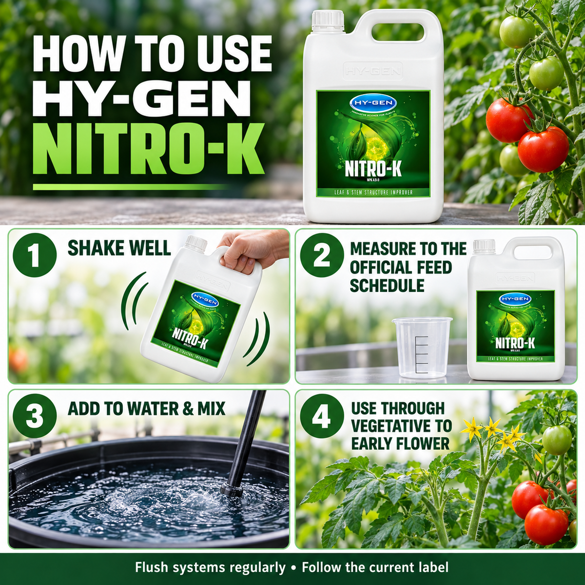 Four-step HY-GEN Nitro-K guide: shake well, measure to the official feed schedule, add to water and mix, then use through vegetative to early flower.