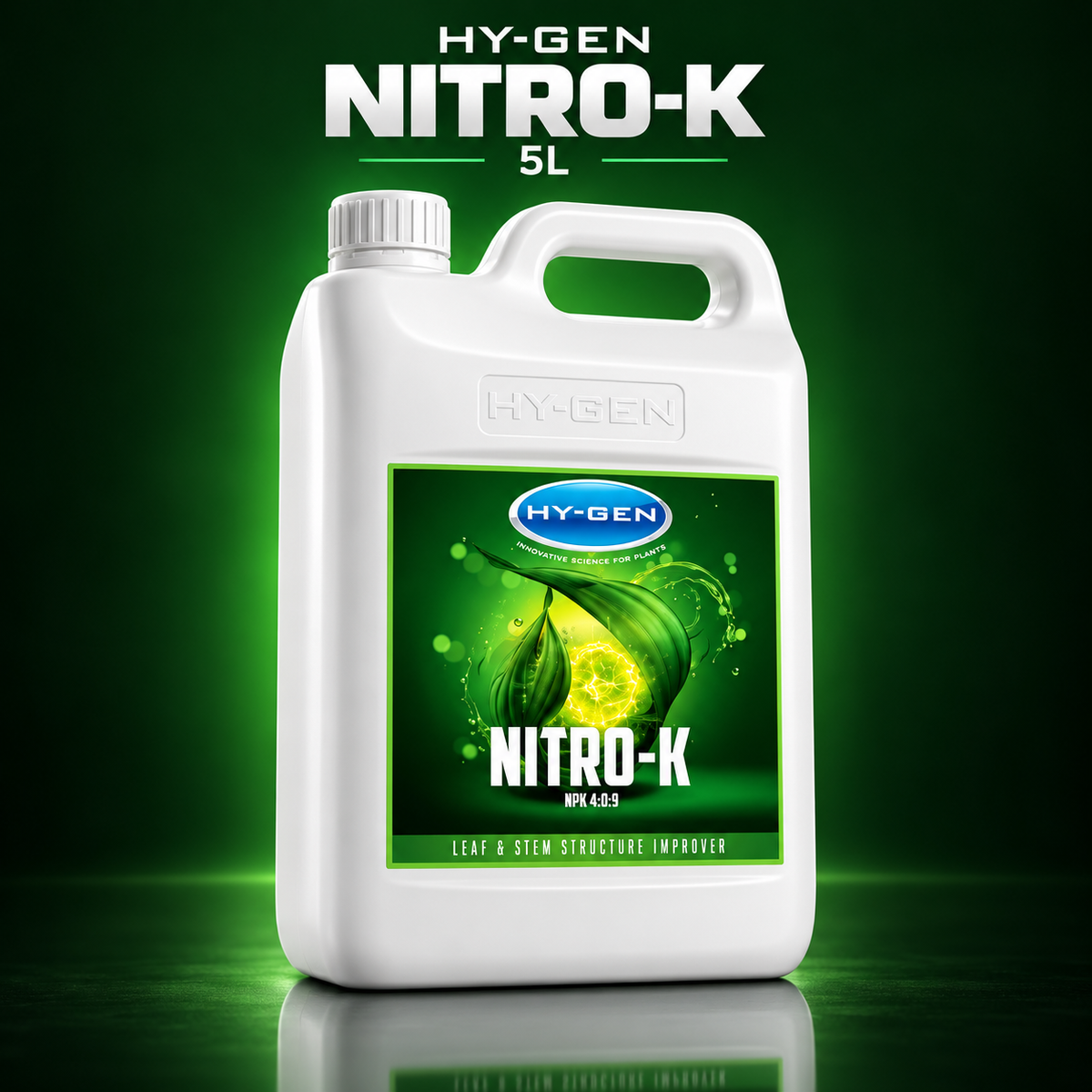 Premium three-quarter 3D render of the white HY-GEN Nitro-K 5L jug with vivid green label on a dark green studio background.