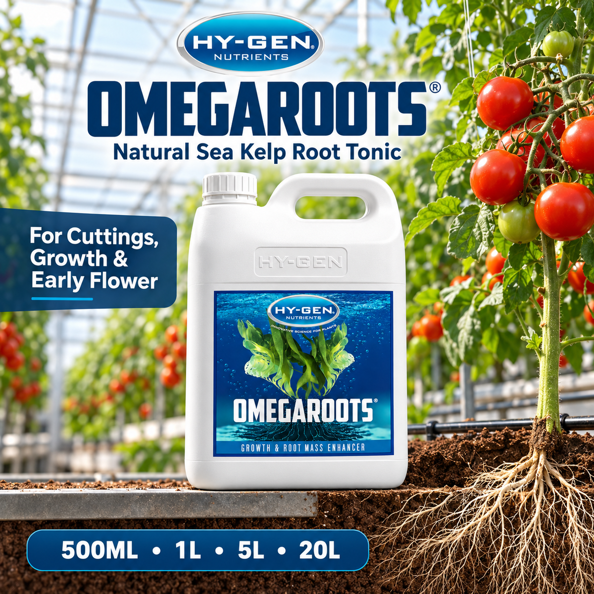 General advertisement for HY-GEN Omegaroots showing the white 5L jug in a tomato greenhouse with verified uses and available sizes.