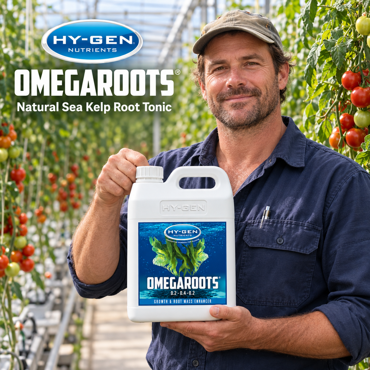Adult Australian tomato greenhouse grower presenting a closed white 5L jug of HY-GEN Omegaroots.