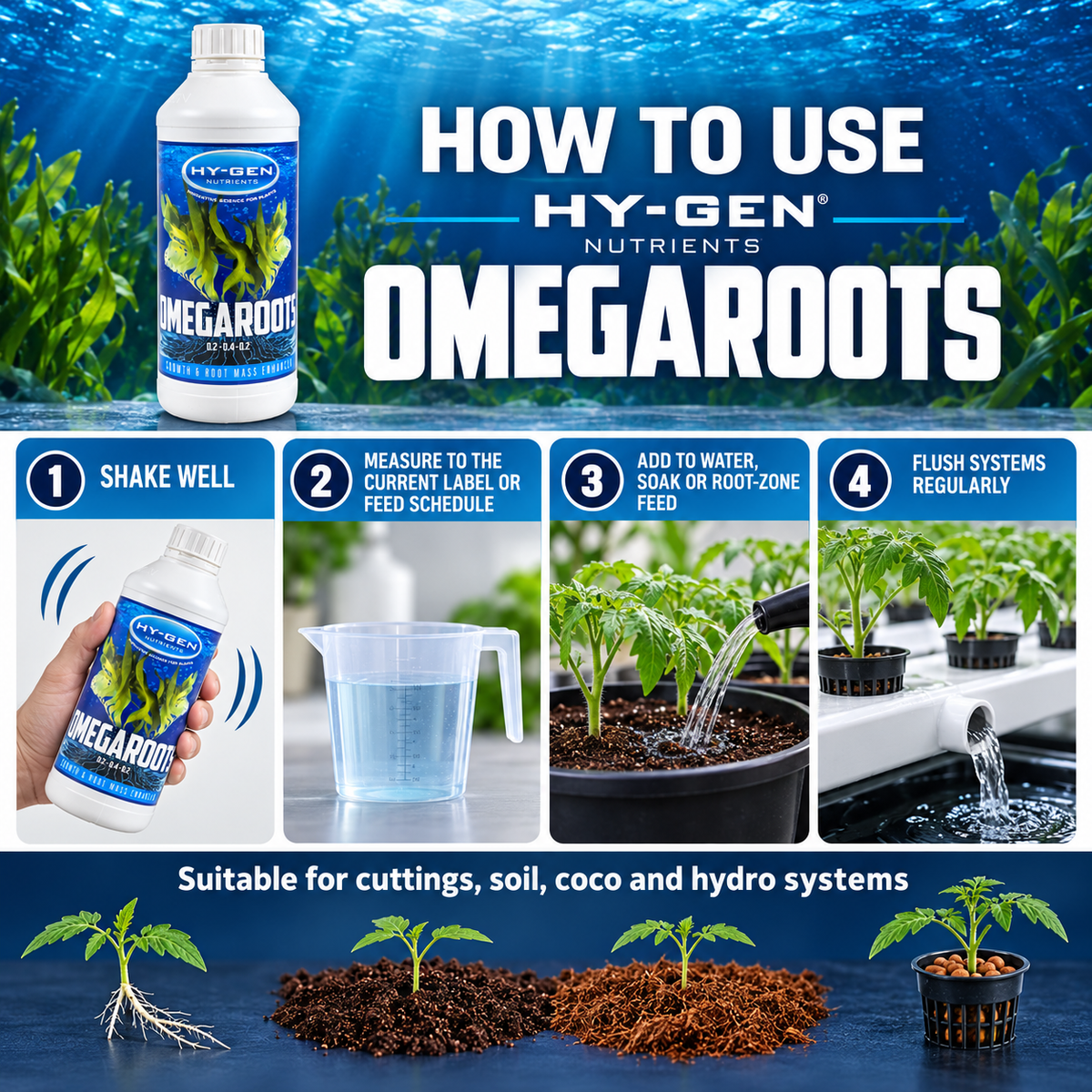 Four-step HY-GEN Omegaroots guide: shake, measure to the current label, add to water or the root zone, and flush systems regularly.
