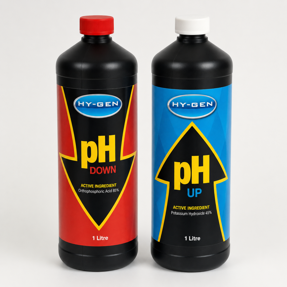 Premium 3D render of HY-GEN pH Down and pH Up 1L bottles with accurate red and blue packaging.